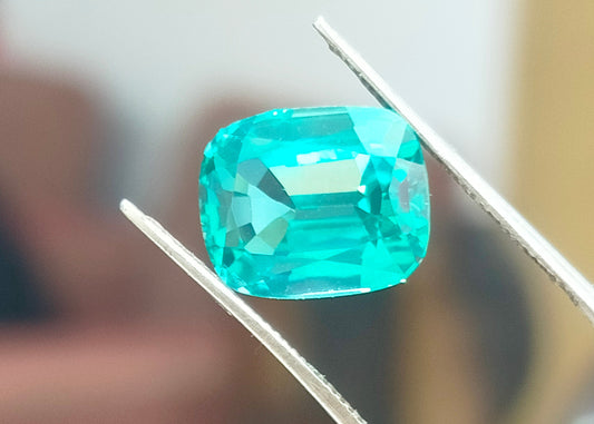 "Stunning Lab Grown Paraiba - 8.25cts, 10×12mm Cushion Cut  Neon Blue Color"