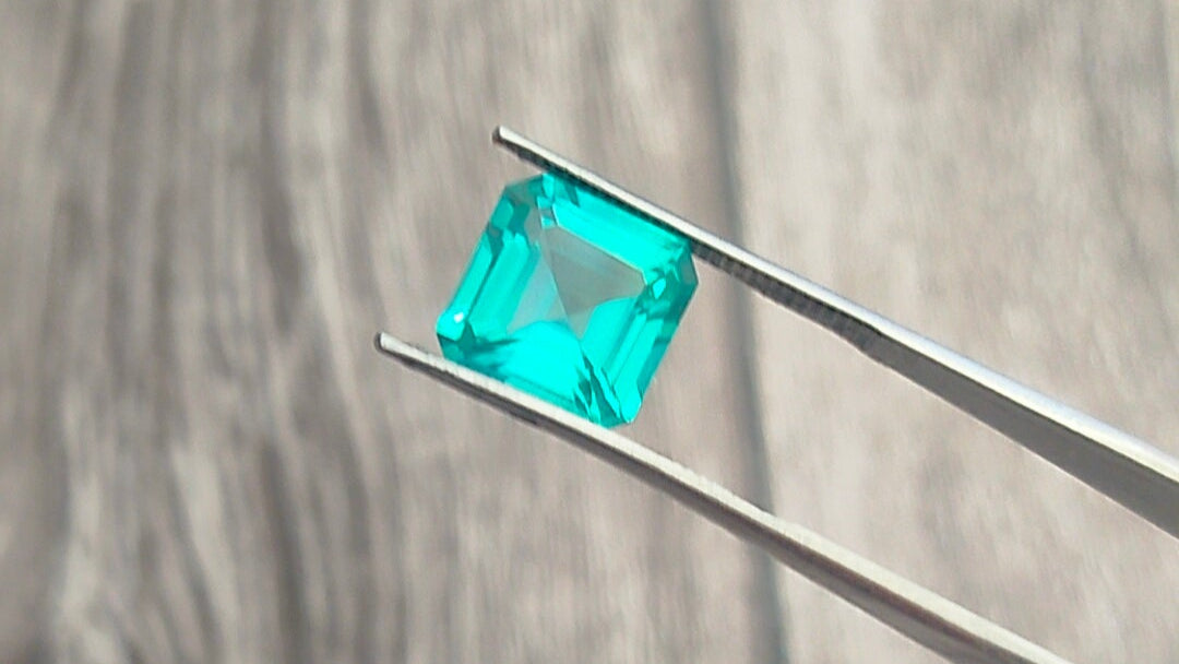 "Stunning Lab Grown Paraiba - 5.40ct, 10mm Square Emerald Cut  Vivid Green-Blue Color"